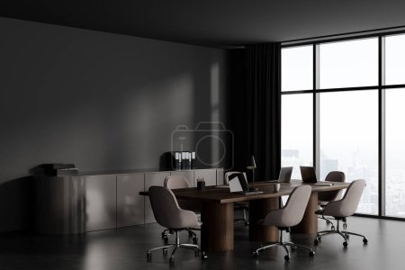 Photo for Dark conference interior with armchairs and board, business folders on sideboard. Meeting corner with panoramic window on Paris skyscrapers. Mockup copy space wall. 3D rendering - Royalty Free Image