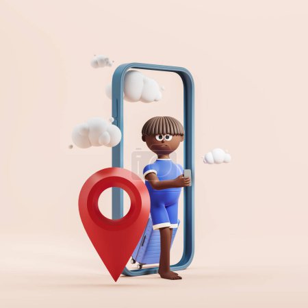 Téléchargez les photos : 3d rendering. Black cartoon character man with suitcase and phone in hand, red geo tag and smartphone with clouds. Concept of travel and online ticket illustration - en image libre de droit