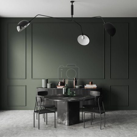 Téléchargez les photos : Green meeting room interior with marble table and four chairs, grey concrete floor. Sideboard with books and art decoration. 3D rendering - en image libre de droit