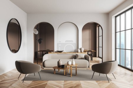 Foto de Beige living room interior with sofa and armchairs, dining table with seats behind arch partition. Panoramic window on Singapore skyscrapers. 3D rendering - Imagen libre de derechos