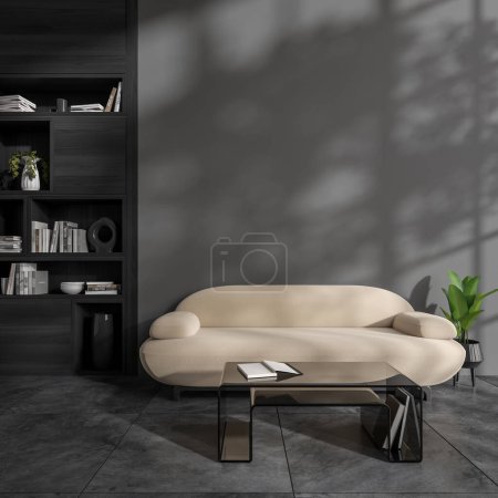 Téléchargez les photos : Salon sombre intérieur avec mur gris vide avec canapé, table basse avec livres, étagère. Concept de lieu spacieux fait pour l'idée créative et exposition d'art. Rendu 3d - en image libre de droit