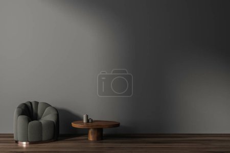 Téléchargez les photos : Intérieur sombre du salon avec fauteuil doux et table basse, parquet. Zone salon avec espace de copie maquette mur gris vide. rendu 3D - en image libre de droit