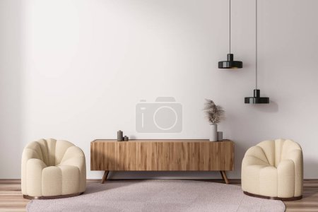 Téléchargez les photos : Cozy living room interior with two armchairs and sideboard, carpet on hardwood floor. Relaxing zone with mock up copy space empty white wall. 3D rendering - en image libre de droit