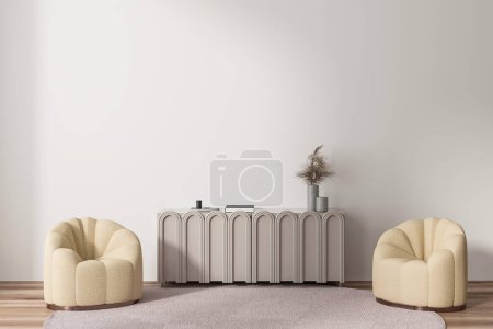 Foto de Interior ligero y relajante con dos sillones y aparador con decoración, zona de salón y alfombra en suelo de madera. Simular espacio de copia pared blanca. Renderizado 3D - Imagen libre de derechos