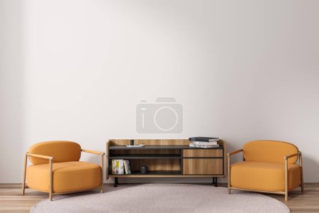 Foto de Modern chill interior with orange soft armchairs and wooden sideboard, carpet on hardwood floor. Lounge zone with mock up empty white wall. 3D rendering - Imagen libre de derechos