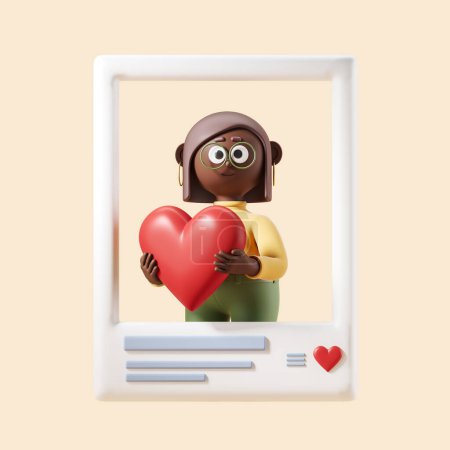 Téléchargez les photos : 3d rendering. African cartoon character woman holding a big red heart, photo frame in social media feed. Concept of like and post - en image libre de droit