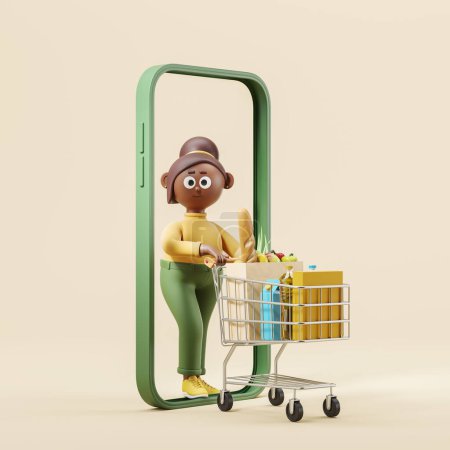 Foto de Renderizado 3d. Mujer personaje de dibujos animados africanos con carrito de la compra y productos, gran teléfono abstracto. Concepto de compras en línea, orden y entrega ilustración - Imagen libre de derechos