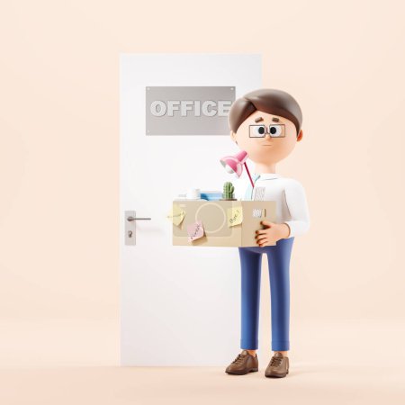 Foto de 3d rendering. Cartoon man character with office box and supplies, office door. Concept of fired and crisis illustration - Imagen libre de derechos
