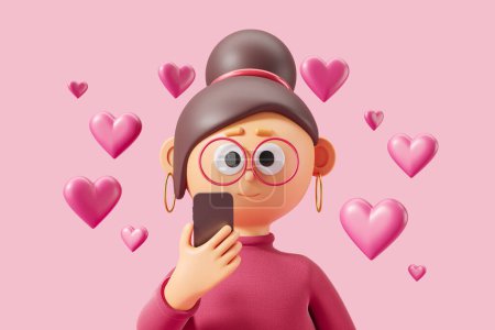 Photo for 3d rendering. Cartoon character woman holding phone in hand, pink background with big red hearts, illustration on beige background. Concept of social media and like - Royalty Free Image