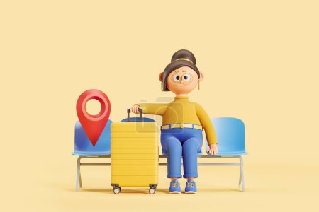 Photo for Cartoon woman with suitcase in airport waiting area, red geo tag and yellow background. Concept of check in, tourism and destination. 3D rendering - Royalty Free Image