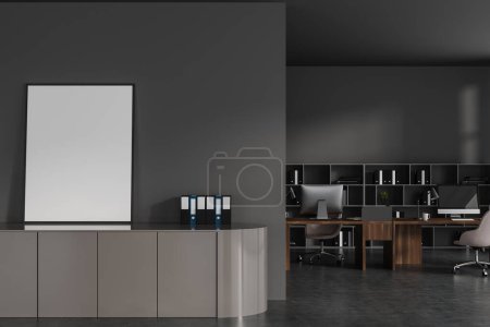 Photo for Dark business interior with sideboard and office folders with partition. Coworking zone with pc computer and shelf with decoration. Mockup canvas poster. 3D rendering - Royalty Free Image