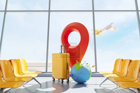Téléchargez les photos : Airport waiting area with suitcase, earth sphere and large red geo tag. Panoramic window with airplane taking off. Concept of travel and tourism. 3D rendering - en image libre de droit