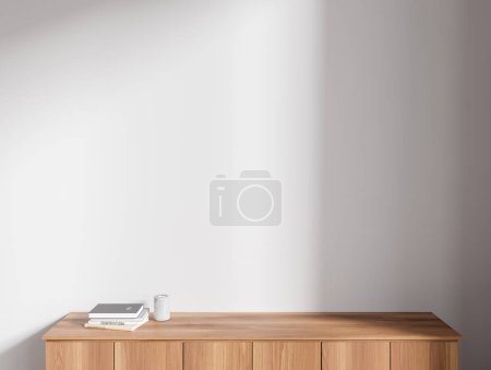 Photo for White mock up wall with dark wooden cabinet standing near it. Concept of product placement and advertising. 3d rendering - Royalty Free Image