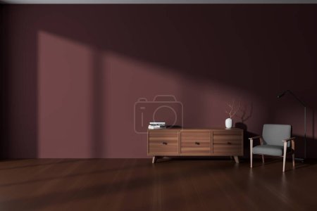 Téléchargez les photos : Intérieur du salon minimaliste avec des murs rouge foncé, sol en bois foncé, armoire en bois élégant et fauteuil gris confortable. Rendu 3d - en image libre de droit