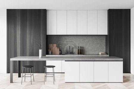Foto de Interior de cocina moderna con paredes blancas, suelo de madera, armarios blancos y de madera y barra de bar con taburetes. renderizado 3d - Imagen libre de derechos