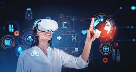 Young woman in VR glasses using immersive blurry medical interface over dark blue background. Concept of digital healthcare. Double exposure