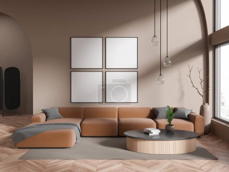 Téléchargez les photos : Four square mock up posters hanging in modern living room with beige walls, wooden floor, big comfortable brown sofa and round coffee table. 3d rendering - en image libre de droit