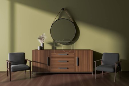 Photo for Interior of modern living room with green walls, dark wooden floor, wooden cabinet with round mirror above it and two gray armchairs. 3d rendering - Royalty Free Image
