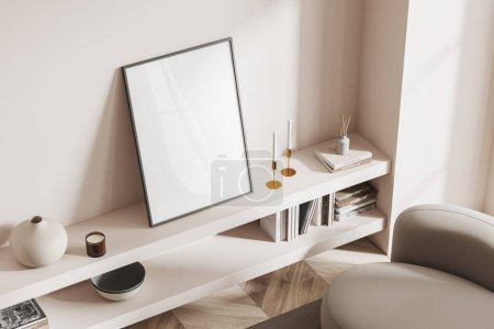 Photo for View of vertical mock up poster standing on shelf in modern living room with white walls, wooden floor and comfortable white armchair. Concept of advertising. 3d rendering - Royalty Free Image