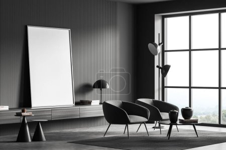 Photo for Dark living room interior two armchairs and coffee table on carpet, side view, dresser with decoration, grey concrete floor. Panoramic window and mock up blank poster. 3D rendering - Royalty Free Image