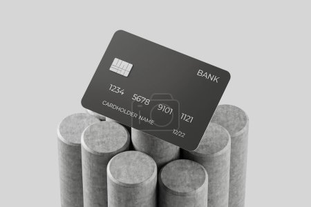 Téléchargez les photos : Carte de crédit noire sur podium béton, fond gris clair. Concept de banque et de paiement, transaction. rendu 3D - en image libre de droit