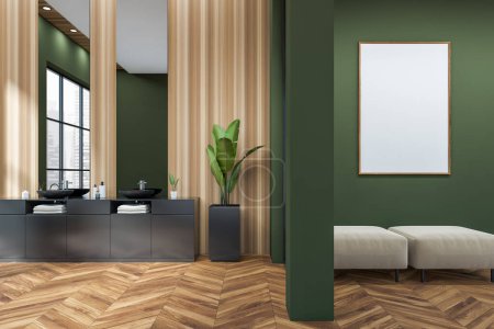 Photo for Bathroom interior with double sink and sofa on hardwood floor. Chill space and panoramic window on Singapore city view. Mock up poster. 3D rendering - Royalty Free Image