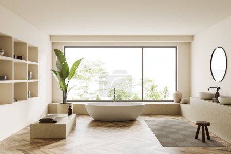 Foto de Interior de baño beige con bañera en suelo de madera. Fregadero con espejo, estante y podio con accesorios, ventana panorámica en trópicos. Renderizado 3D - Imagen libre de derechos