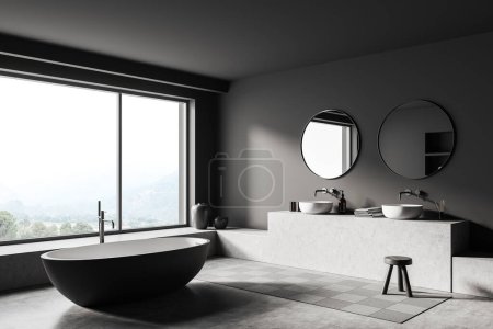 Photo for Dark bathroom interior with bathtub and double sink with mirror, side view, stool on carpet, grey concrete floor. Panoramic window on countryside. 3D rendering - Royalty Free Image