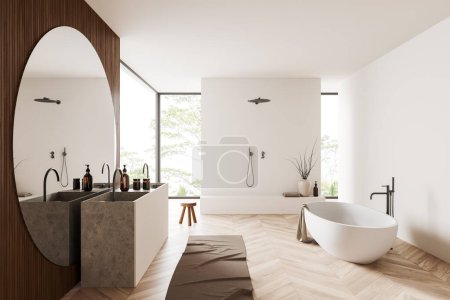 Téléchargez les photos : Intérieur de salle de bain à aire ouverte blanche avec baignoire, double lavabo et grand miroir, douche et terrasse avec accessoires, fenêtre panoramique sur les tropiques. rendu 3D - en image libre de droit