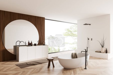 Téléchargez les photos : Intérieur salle de bain blanche avec baignoire sur parquet, vue latérale. Double lavabo avec grand miroir, douche et terrasse avec accessoires, fenêtre panoramique sur les tropiques. rendu 3D - en image libre de droit