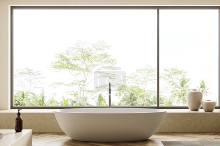 Foto de Interior de baño beige con bañera en suelo de madera. Lavadero con decoración de arte y ventana panorámica en los trópicos, vista frontal. Renderizado 3D - Imagen libre de derechos
