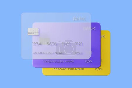 Photo for Three colorful bank credit card for payment and purchase, light blue background. Concept of e-commerce and finance. 3D rendering - Royalty Free Image