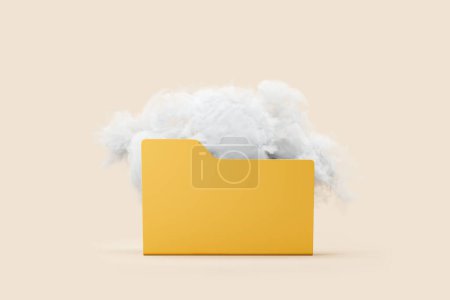 Photo for White cloud in yellow folder on beige background. Concept of cloud storage. 3D rendering - Royalty Free Image