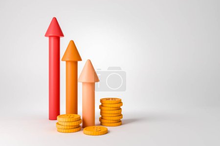 Foto de Flechas crecientes y pila de monedas de dólar sobre fondo gris. Concepto de ingresos y estrategia financiera. Copiar espacio. Renderizado 3D - Imagen libre de derechos