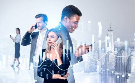 Photo for White and black people working with smartphone, texting and calling. Double exposure with forex diagrams, stock market chart with candlesticks, New York cityscape. Concept of teamwork - Royalty Free Image