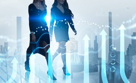 Photo for Two businesswoman walking, working together silhouette. Forex diagram with bar chart and rising arrows. Double exposure with New York cityscape. Concept of partnership and growth - Royalty Free Image