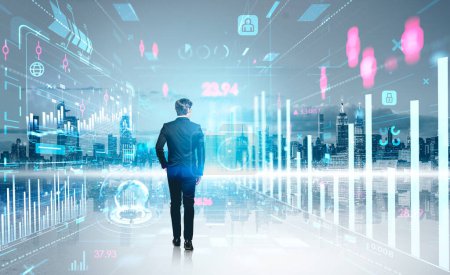 Photo for Businessman full length with hand in pocket, back view. Panoramic New York skyline at night, forex financial chart with lines and candlesticks, stock market data. Concept of analysis and consulting - Royalty Free Image