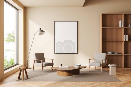Photo for Beige living room interior two armchairs and coffee table on carpet, shelf with decoration, hardwood floor. Panoramic window on tropics. Mock up blank poster. 3D rendering - Royalty Free Image