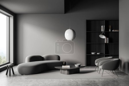 Photo for Dark living room interior with sofa and two armchairs, shelf with decoration, coffee table and stool on grey concrete floor. Panoramic window on countryside. Mockup empty grey wall, 3D rendering - Royalty Free Image