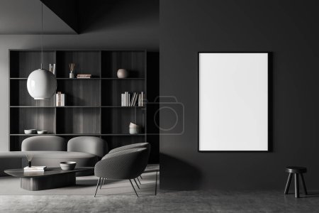 Photo for Dark living room interior sofa and two armchairs, coffee table on carpet, shelf with decoration, grey concrete floor. Mock up blank poster. 3D rendering - Royalty Free Image