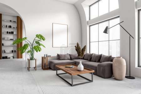 Photo for White living room interior with sofa and coffee table, shelf with books, side view, light concrete floor. Panoramic window on city view. Mock up poster. 3D rendering - Royalty Free Image