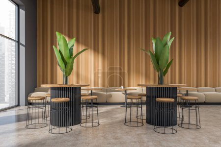 Foto de Café interior con sillas de bar y mesa con planta. Restaurante comedor en suelo de hormigón beige. Ventana panorámica de la ciudad de Singapur. Renderizado 3D - Imagen libre de derechos