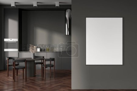Foto de Interior de la cocina oscura con sillones y mesa de comedor en suelo de madera. Utensilios de cocina con capucha, vista frontal. Cartel burlón antes de la entrada. Renderizado 3D - Imagen libre de derechos