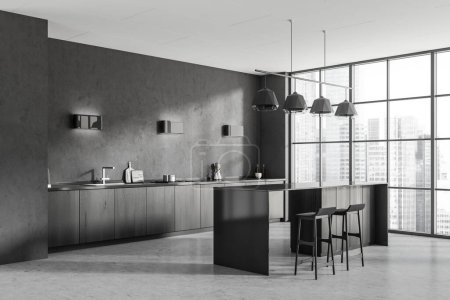 Photo for Dark kitchen interior with bar chairs and countertop, side view, panoramic window on Singapore city view. Cooking area with grey concrete floor. 3D rendering - Royalty Free Image