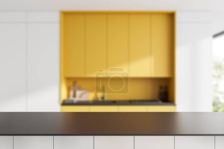 Photo for Black countertop on background of white kitchen interior with kitchenware and yellow shelf, panoramic window. Mockup copy space for product display. 3D rendering - Royalty Free Image