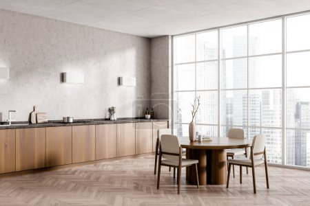 Photo for Beige kitchen interior with dining table and chairs, side view, panoramic window on Singapore city view. Eating space with decoration, hardwood floor. 3D rendering - Royalty Free Image