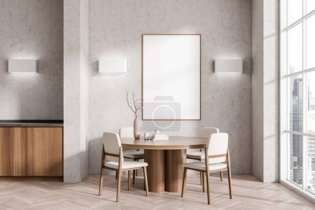 Photo for Beige kitchen interior with chairs and dining table, hardwood floor. Panoramic window on Singapore city view. Mock up poster on wall, 3D rendering - Royalty Free Image