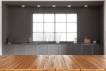 Photo for Wooden countertop on background of black kitchen interior with kitchenware and panoramic window. Mockup copy space for product display. 3D rendering - Royalty Free Image