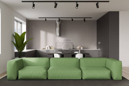 Foto de Estudio blanco interior con zona de salón, sofá y mesa de comedor con sillas. Cocina abierta en el apartamento del hotel, ventana panorámica a la vista de la ciudad. Renderizado 3D - Imagen libre de derechos