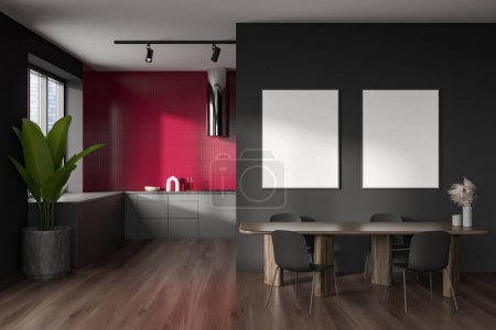 Photo for Dark kitchen interior with chairs and dining table. Eating and cooking space with modern furniture and window, hardwood floor. Two mock up posters, 3D rendering - Royalty Free Image